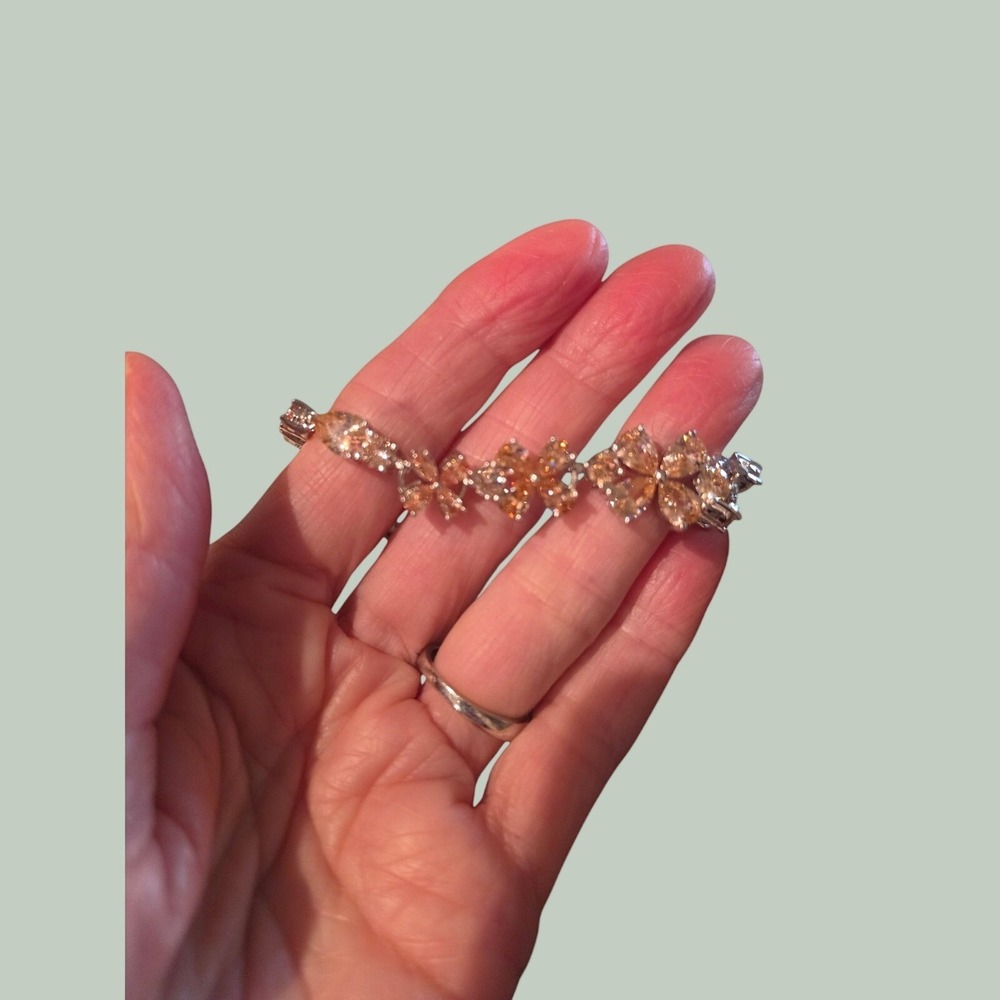Champagne Cubic Zirconia Flower Teardrop Tennis Bracelet Silver Tone Peach Stone